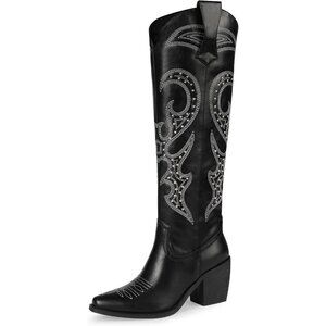✨ Wetkiss Cowgirl Boots Women Black Faux Leather Knee High Comfort Fashion Boots